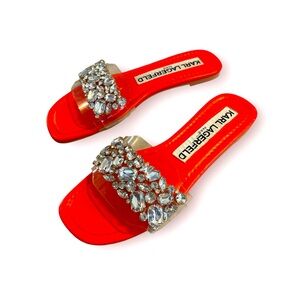 KARL LAGERFELD MYSHA CRYSTAL EMBELLISHED FLAT SLIDE SANDAL FIERY ORANGE SIZE 7.5
